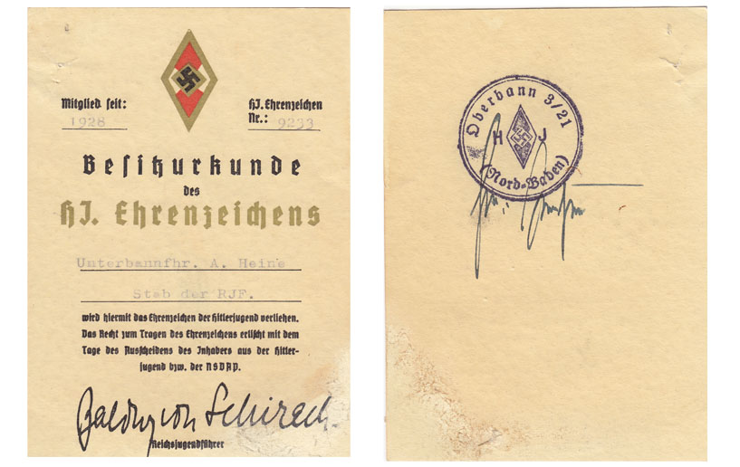 Gold Hitler Youth Honor Award Document