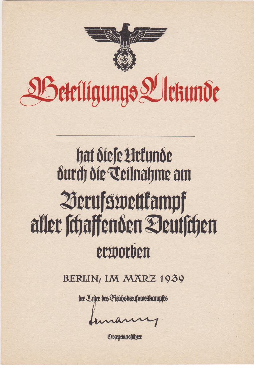 Hitler Youth Award Document