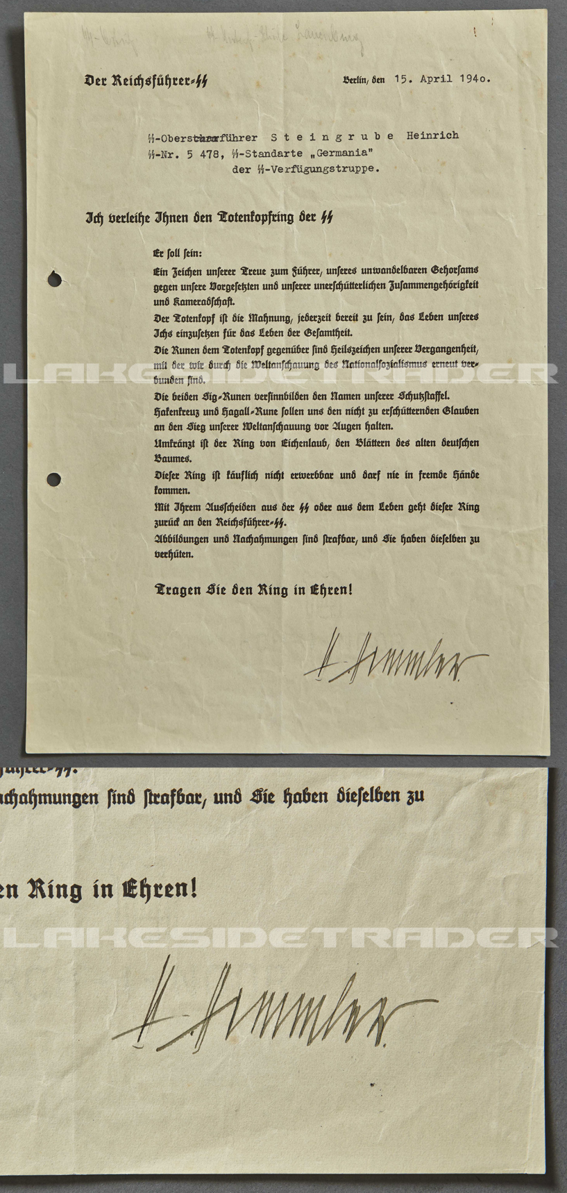A Totenkopf Honor Ring Document