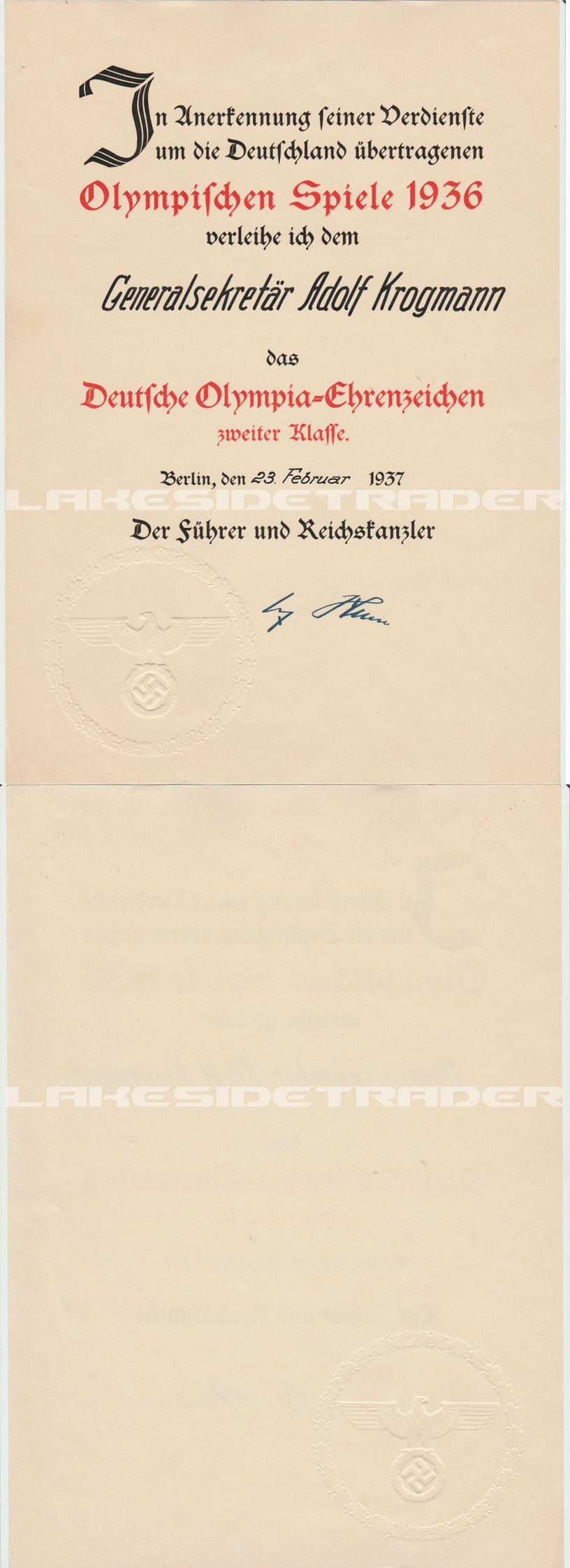 Award Document for the 2nd Class Olympic Medal