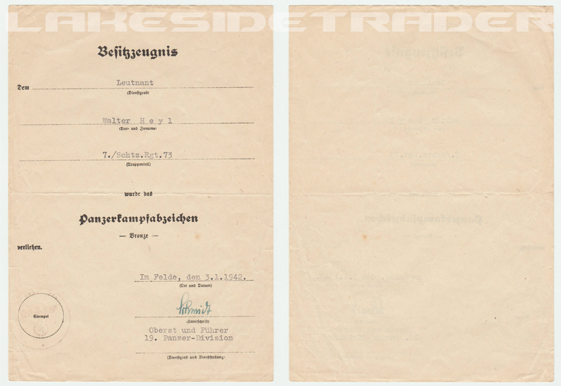 Award Document for a Panzer Assault Badge in Bronze