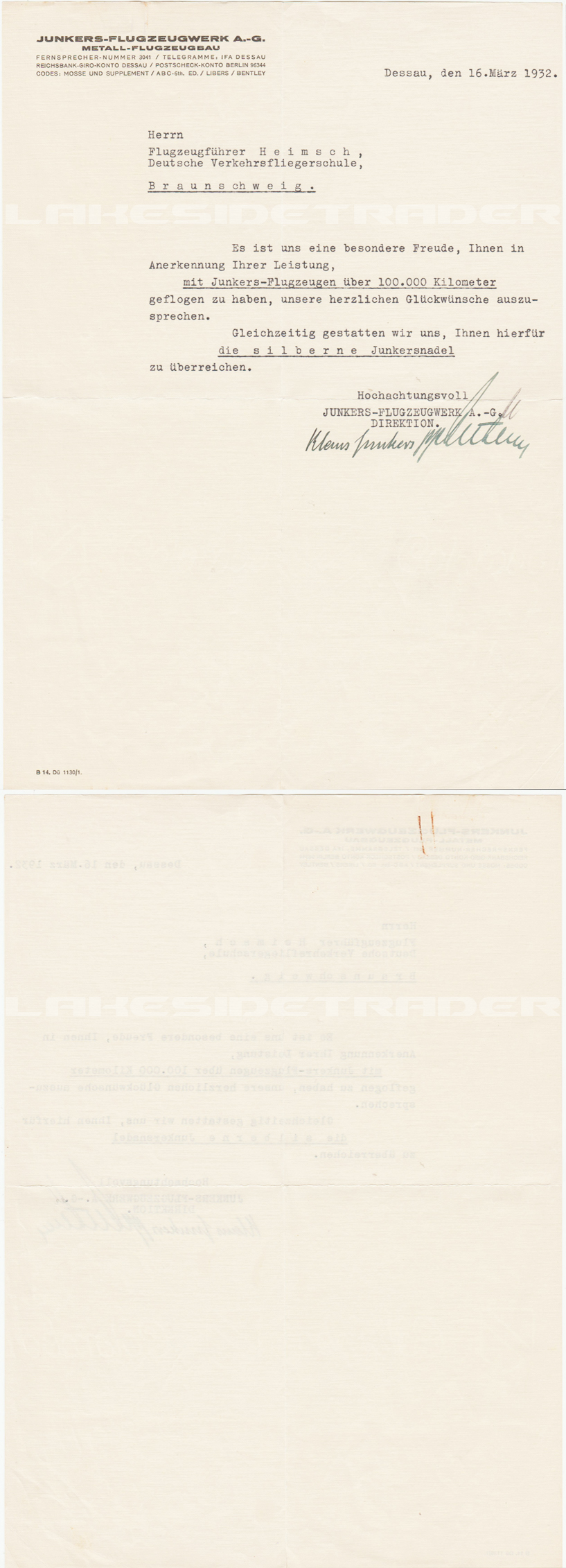 Junkers Flugzeugwerk 100,000 Km Flight Recognition Document 1932