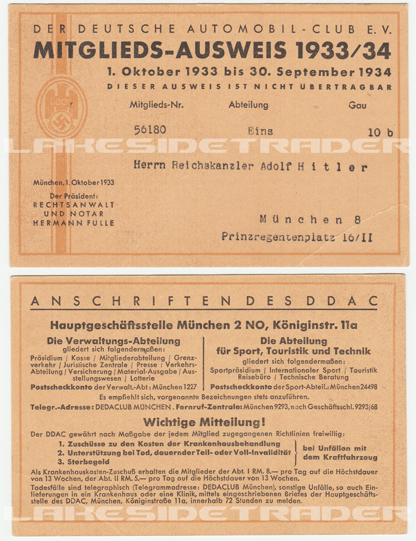 DDAC Membership Card with added Adolf Hitler name
