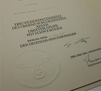 Award Certificate for Order of German Eagle 3rd Class Breast Cross w Swords