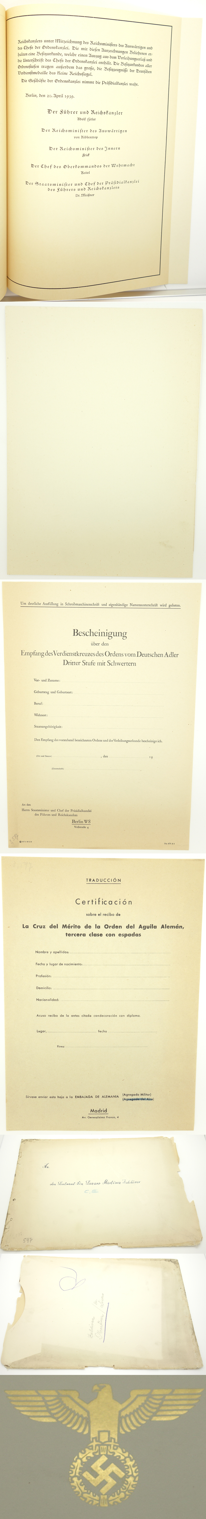 Award Certificate for Order of German Eagle 3rd Class Breast Cross w Swords