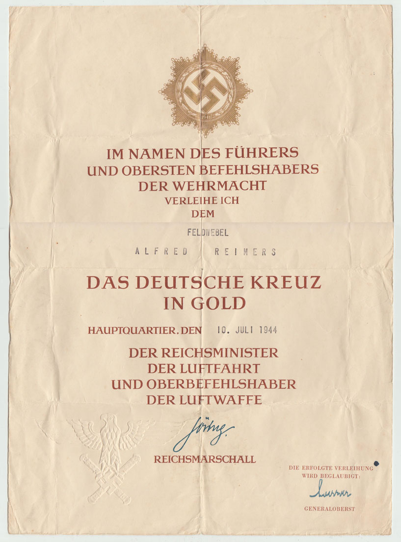 A 1944 German Cross in Gold Award Document to Luftwaffe