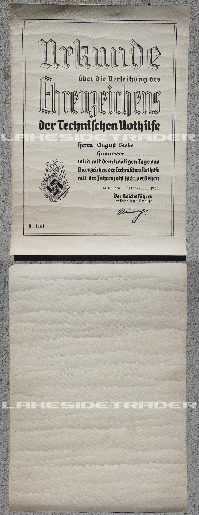 TENO 1922 Honor Award Document Nr. 1361