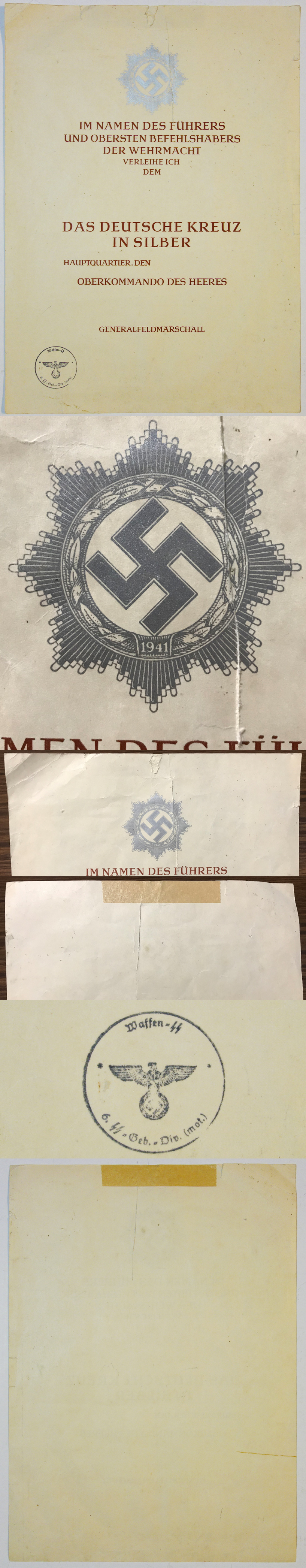 German Cross in Silver Award Document