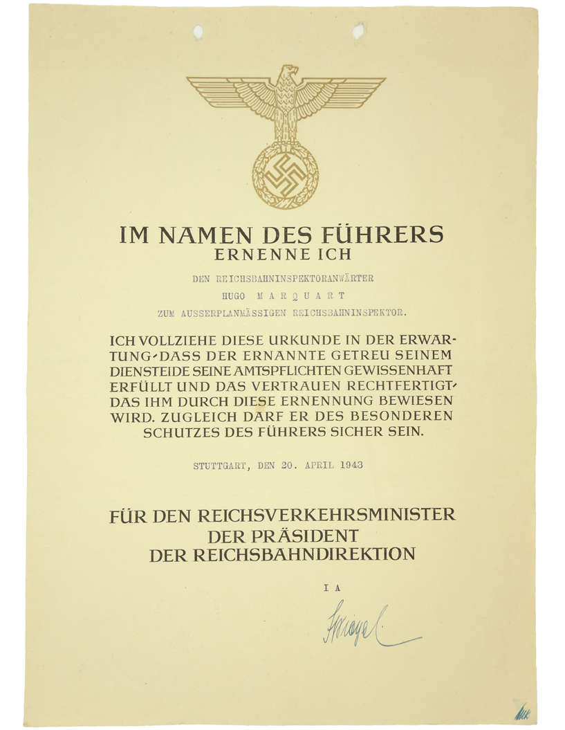 Reichsbahn Appointment Document - Hugo Marquart 