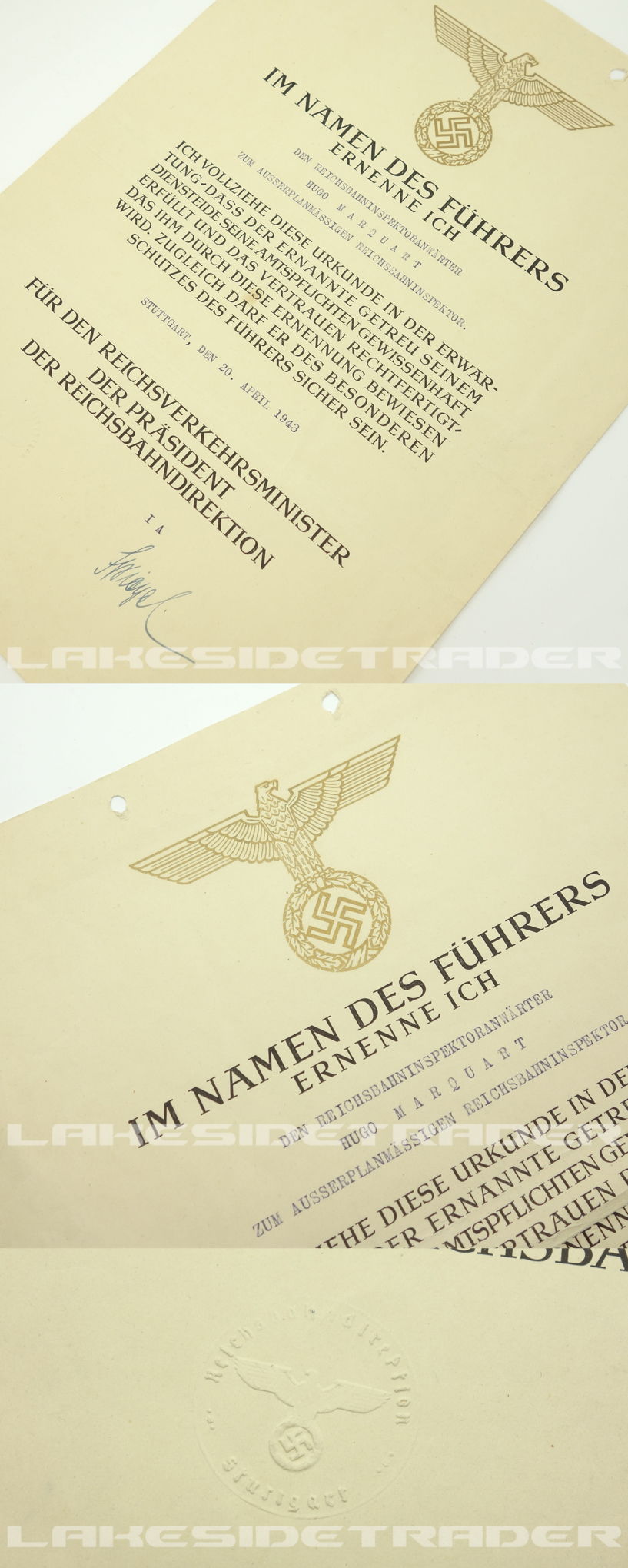 Reichsbahn Appointment Document - Hugo Marquart 
