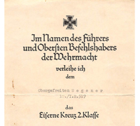 Award Document for 2nd Class Iron Cross