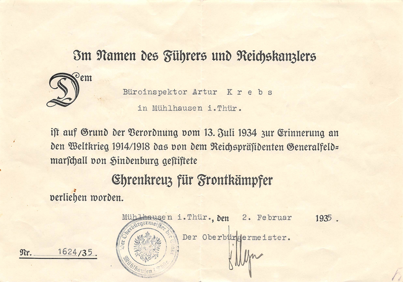 Award Document for Hindenberg Cross
