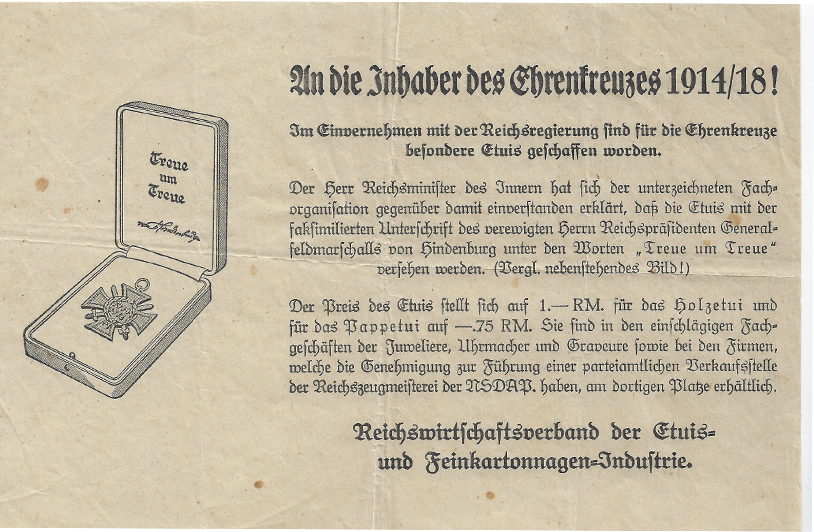 Award Document for Hindenberg Cross w case insert