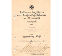 Award Document for 1st Class Iron Cross