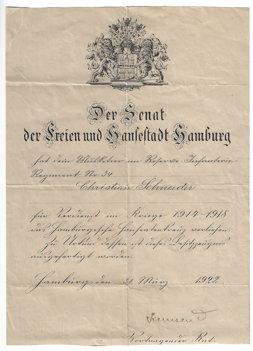 Award Document for Imperial Hamburg Hanseatic Cross