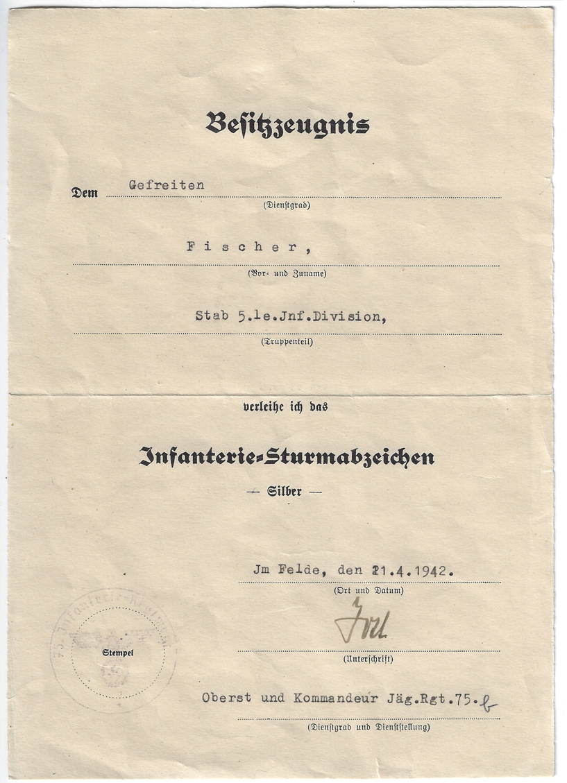 Award Document for Infantry Assault Badge