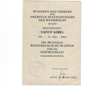 Award Document for Eastern Front Medal