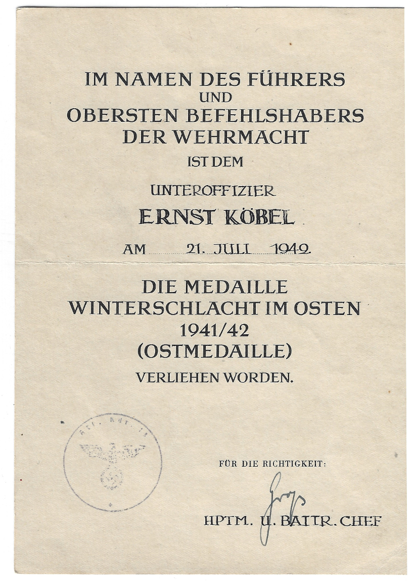 Award Document for Eastern Front Medal