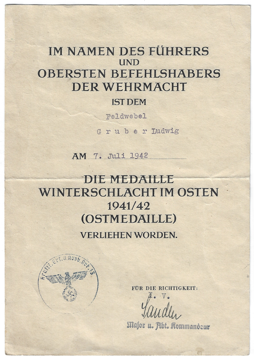 Award Document for Eastern Front Medal