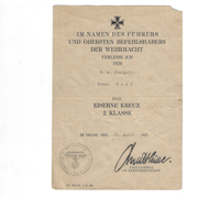 Iron Cross 2nd Class Document to Kreigsmarine