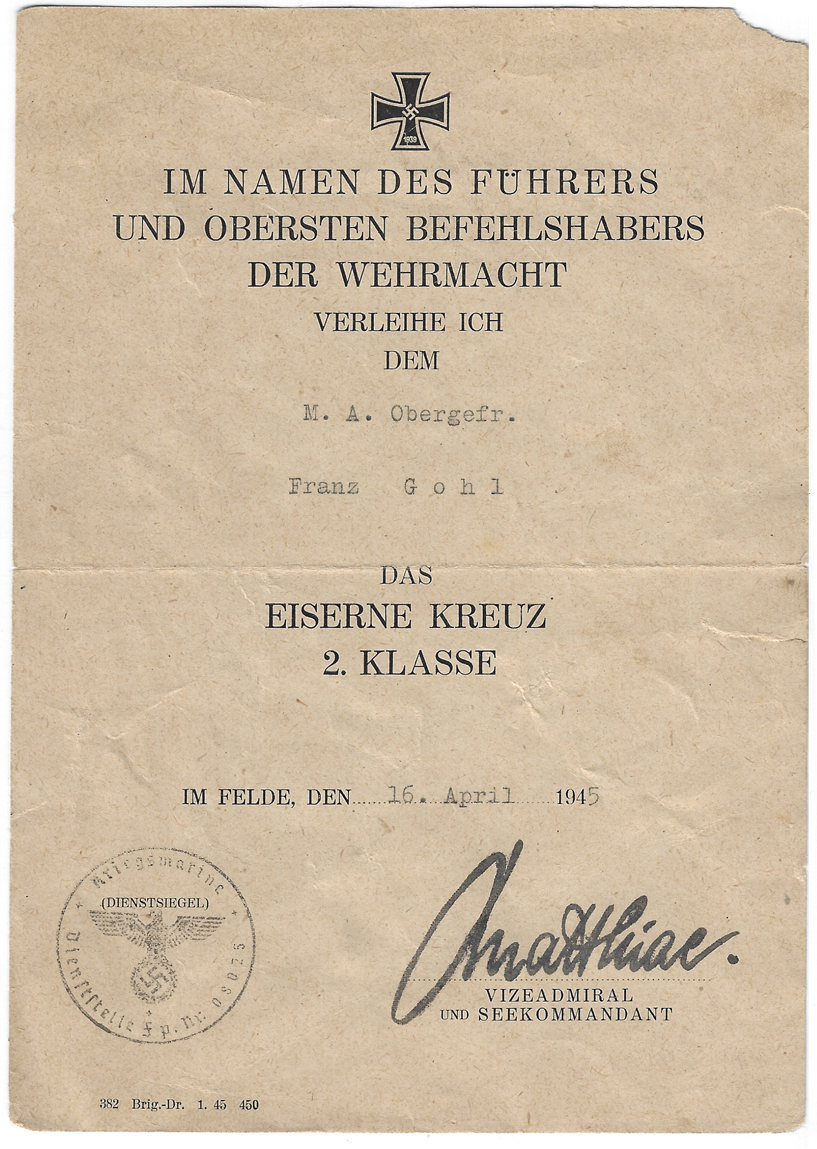 Iron Cross 2nd Class Document to Kreigsmarine