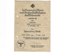 Iron Cross 2nd Class Document to DKiG winner