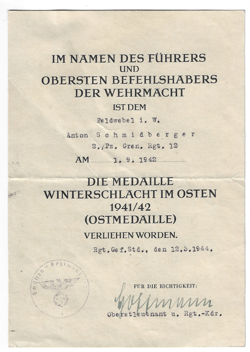 Award Document for Eastern Front Medal