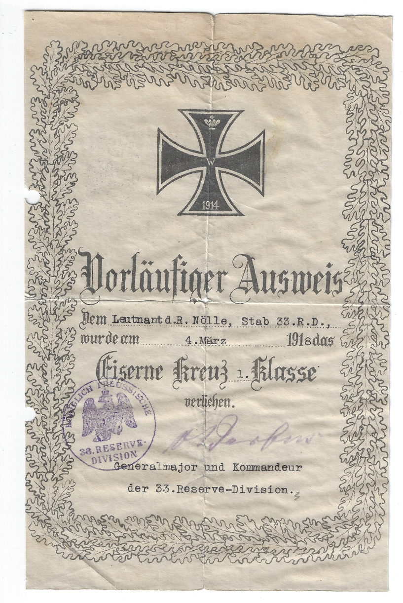 Imperial 1st Class Iron Cross Document