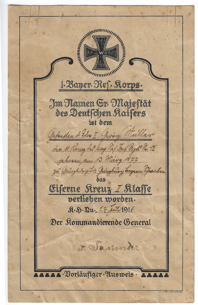 Imperial Iron Cross 2nd Class Award Document