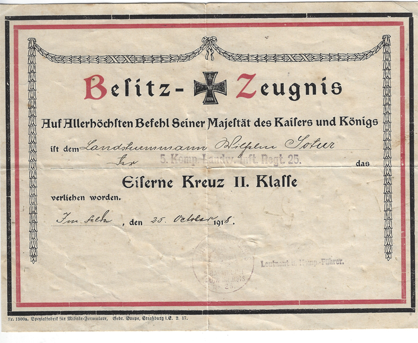 Imperial Iron Cross 2nd Class Award Document