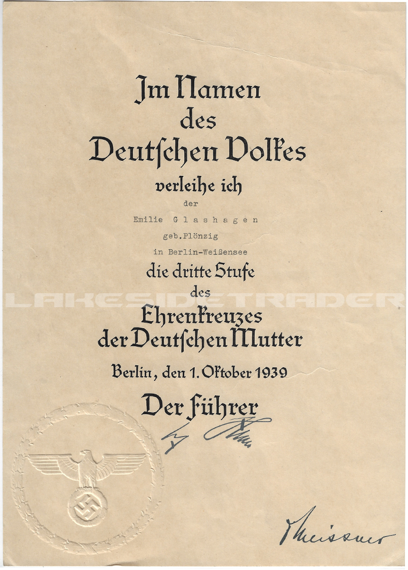 Award Document for the Mother’s Cross in Bronze