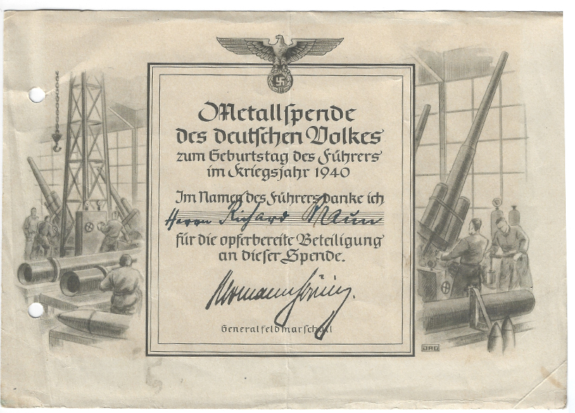 Metal Donation Certificate