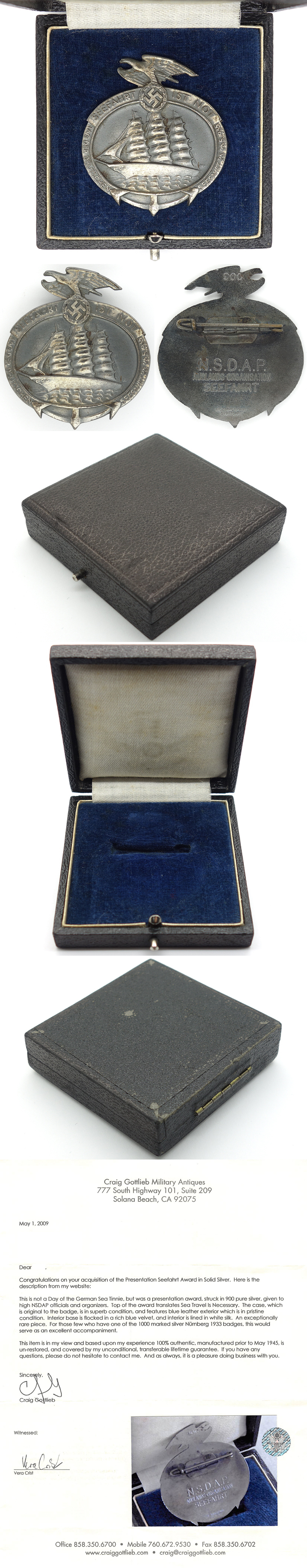 Cased Presentation “Seefahrt Ist Not” Award in 900 Silver