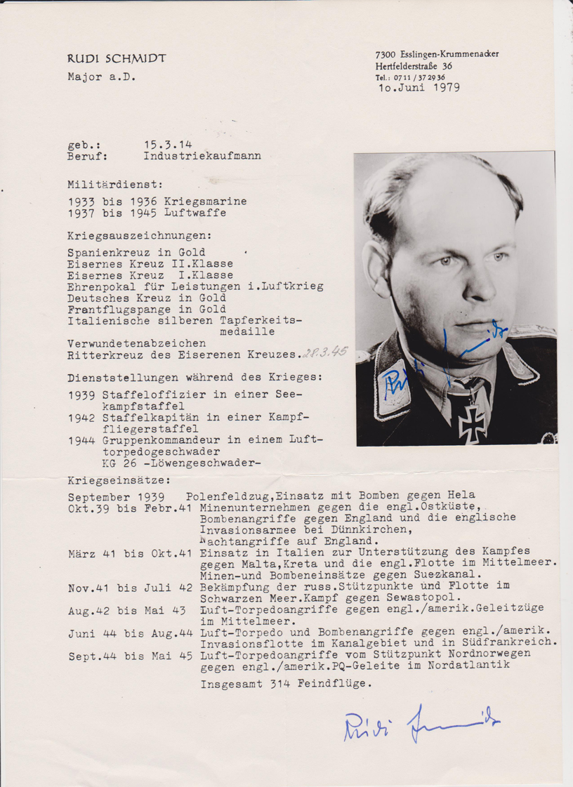 Autographed picture of Major Rudolf Schmidt